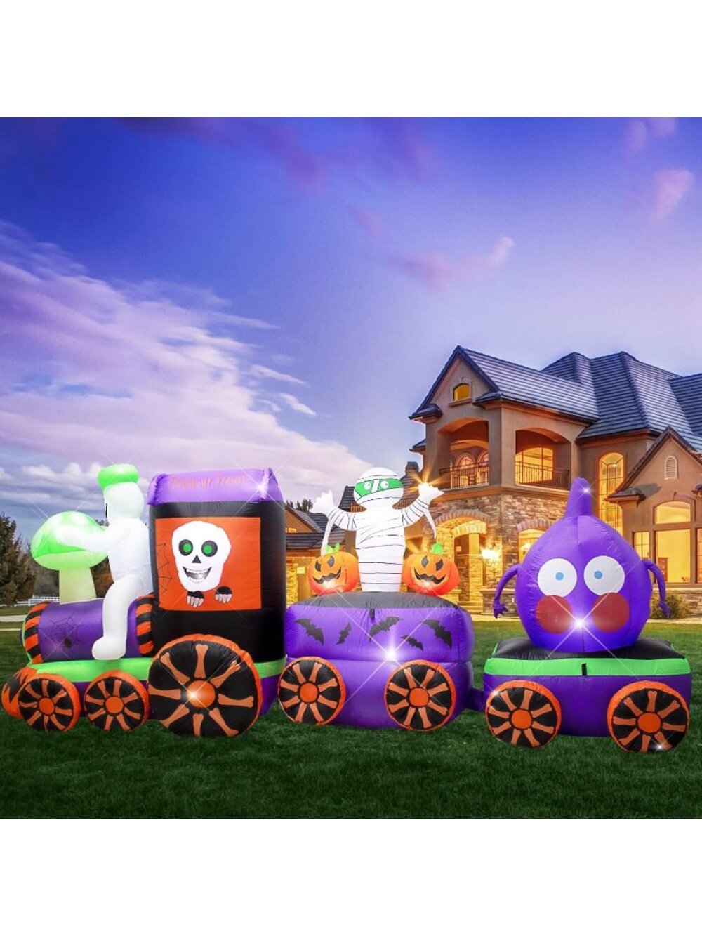 11FT Halloween Inflatables Ghost Train Mushroom Onion Heads and Mummies Skull